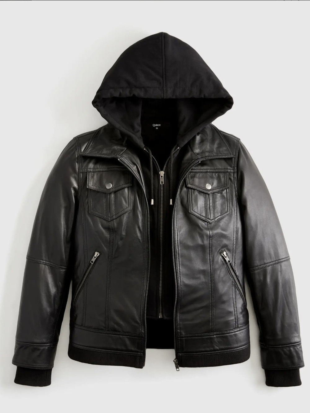 Quince Women Size Small Black Leather Hooded Bomber Jacket